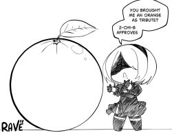  1girl 2b_(nier:automata) black_dress black_gloves black_hairband black_thighhighs blindfold boots breasts chibi chibi_only covered_eyes dress food fruit gloves hairband juliet_sleeves leotard long_sleeves mole mole_under_mouth nier:automata nier_(series) orange_(fruit) puffy_sleeves rave_vii short_hair signature solo speech_bubble thigh-highs white_hair 