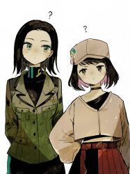  2girls ? belt black_bodysuit black_choker black_hair black_shirt blush bodysuit brown_eyes brown_hat brown_jacket buttons choker closed_mouth coat colored_inner_hair commentary_request comoli_harcourt cropped_jacket cropped_shirt eleina_(lazarus) green_coat green_eyes gundam gundam_gquuuuuux hat highres jacket lazarus long_sleeves looking_at_another medium_hair mole mole_on_cheek multicolored_hair multiple_girls off-shoulder_shirt off_shoulder pink_hair pleated_skirt red_belt red_skirt sakutake_(ue3sayu) shirt short_hair skirt striped_bodysuit upper_body white_background 