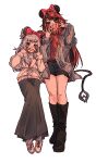  2girls :d absurdres alternate_costume amaotome and_uge black_footwear black_hair black_shorts black_skirt blue_eyes blunt_bangs blush boots bow commentary demon_girl demon_horns demon_tail finger_cots full_body grey_hair grey_shirt grey_sweater hair_bow highres horns long_hair long_skirt long_sleeves looking_at_viewer medium_bangs minnie_mouse_ears multicolored_hair multiple_girls nanashi_inc. open_clothes open_mouth open_shirt plaid plaid_shirt pointy_ears red_bow red_shirt redhead ryugasaki_rene shirt shorts simple_background skirt smile sweater tail thick_eyebrows two-tone_hair virtual_youtuber white_background 