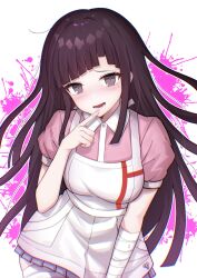  1girl :d @_@ apron bandaged_arm bandaged_leg bandages black_hair blood blood_splatter blunt_bangs blunt_ends blush breasts brown_eyes colored_blood commentary cowboy_shot danganronpa_(series) danganronpa_2:_goodbye_despair finger_to_mouth floating_hair grey_skirt hand_up highres index_finger_raised large_breasts long_hair looking_at_viewer lower_teeth_only miniskirt mole mole_under_eye nurse open_mouth outline pink_blood pink_shirt pleated_skirt puffy_short_sleeves puffy_sleeves rrtp shirt short_sleeves sidelocks simple_background skirt smile solo teeth tsumiki_mikan very_long_hair white_apron white_background white_outline 