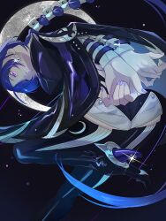  1girl arms_behind_back black_cloak blue_cloak blue_hair boots bound bound_wrists cloak crescent crescent_earrings earrings feet_out_of_frame hair_over_one_eye high_heels highres jewelry konse0 long_hair looking_down metal_wrist_cuffs moon ponytail promeia_(zenless_zone_zero) purple_nails solo thigh_boots violet_eyes zenless_zone_zero 