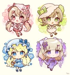  4girls :3 :d :o absurdres apron backpack bag bandaid bandaid_on_leg basket black_sandals blonde_hair blue_apron blue_dress blue_eyes blue_flower blue_hat blue_shoes blue_socks blunt_bangs blush_stickers bow bowtie braid brown_hair brown_shoes buttons cherry_blossoms chibi chibi_only closed_mouth clover commentary dosukoi_(nagihoko) double-parted_bangs dress drop_shadow earrings english_commentary flower flower_earrings flower_request footwear_bow four-leaf_clover frilled_sailor_collar frills full_body green_bow green_eyes hair_flower hair_ornament hand_up hands_up hat hat_bow highres jacket japanese_clothes jewelry kimono kneehighs long_hair long_sleeves looking_at_viewer low_twintails mob_cap multiple_girls obi okobo open_clothes open_jacket open_mouth original pink_bow pink_bowtie pink_eyes pink_hat pink_sailor_collar pink_skirt platform_sandals pleated_skirt purple_flower purple_kimono purple_sash sailor_collar sandals sash shoes short_sleeves signature single_kneehigh single_sock skirt smile socks standing standing_on_one_leg tabi twin_braids twintails very_long_hair violet_eyes white_dress white_hat white_jacket white_socks wide_sleeves x_hair_ornament 