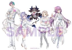  1boy 1other 3girls :d animal_hands blonde_hair blue_hair blue_horns blue_tail blue_wings boots border bow bowtie buttons claws colored_inner_hair commentary company_name copyright_notice debidebi_debiru demon_horns demon_tail demon_wings double-breasted dress eyeliner facial_mark fishnet_pantyhose fishnets flower fold-over_boots full_body gloves gold_trim green_eyes green_hair green_lips grey_pantyhose hair_bow hair_flower hair_ornament hand_on_own_chest hat high_heel_boots high_heels horns jacket joe_rikiichi knee_boots layered_dress lipstick long_hair long_sleeves looking_at_viewer low_twintails machita_chima makeup multicolored_hair multiple_girls nijisanji official_alternate_costume official_art open_hand open_mouth overskirt pants pantyhose pink_flower pink_hair platform_heels puffy_short_sleeves puffy_sleeves purple_hair reaching reaching_towards_viewer rindou_mikoto sakura_ritsuki sample_watermark see-through_clothes see-through_sleeves shirt shoes short_hair short_sleeves shorts simple_background skin-covered_horns smile standing suit suit_jacket tail tail_bow tail_ornament teardrop_facial_mark thick_eyebrows twintails very_long_hair violet_eyes virtual_youtuber watermark white_background white_border white_bow white_bowtie white_dress white_gloves white_hat white_jacket white_pants white_shirt white_shoes white_shorts white_suit wings woonak yellow_eyes 