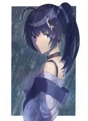  1girl ahoge blue_eyes choker english_commentary heterochromia high_ponytail highres honkai_(series) honkai_impact_3rd long_sidelocks looking_at_viewer off_shoulder ponytail purple_hair raiden_mei raiden_mei_(striker_fulminata) rain red_pupils shadow sidelocks smile spaghetti_strap upper_body violet_eyes wasdmyway water_drop 
