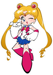  1girl absurdres bishoujo_senshi_sailor_moon blonde_hair blue_eyes bow breasts detached_sleeves double_bun dress gloves hair_bun highres long_hair looking_at_viewer magical_girl okitya one_eye_closed open_mouth panty_&amp;_stocking_with_garterbelt_(style) parody sailor_moon simple_background skirt smile solo style_parody thigh-highs tsukino_usagi twintails very_long_hair white_background 