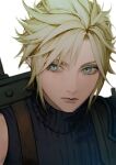  1boy 9ibem bishounen blonde_hair blue_eyes cloud_strife expressionless final_fantasy final_fantasy_vii looking_to_the_side male_focus short_hair simple_background sleeveless sleeveless_turtleneck solo spiky_hair suspenders sword sword_on_back turtleneck upper_body weapon weapon_on_back white_background 