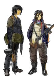  2girls absurdres ak-47 ammunition_pouch androgynous assault_rifle baggy_clothes balaclava black_boots black_eyes black_gloves black_hair black_pants blue_eyes boots brown_hair brown_pants brown_shirt bulletproof_vest cargo_pants cigarette colt_commando doghunt14716979 double-parted_bangs drum_magazine ear_piercing gloves gun gun_sling handgun highres holding holding_gun holding_weapon jacket kalashnikov_rifle load-bearing_equipment long_hair magazine_(weapon) multiple_girls open_clothes open_jacket original pants piercing pouch purple_jacket rifle shirt short_hair smoking tomboy weapon white_background 