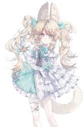  1girl absurdres adapted_costume alternate_costume animal_ear_fluff animal_ears aphrissa_(arknights) arknights blonde_hair braid cat_ears cat_girl cat_tail chinese_commentary closed_mouth commentary_request dress drone feet_out_of_frame fingerless_gloves frilled_dress frills gloves green_eyes highres long_hair looking_at_viewer magical_girl object_floating_above_hand simple_background smile solo standing tail twintails very_long_hair weapon white_background white_dress zhu_yuping 