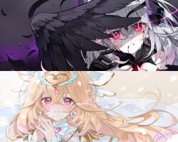  absurdres ai-generated baitang_qaq black_wings blonde_hair blood blood_from_mouth character_request colored_skin crying crying_with_eyes_open earrings feathers forehead_jewel grey_hair hair_ribbon head_wings highres jewelry looking_at_viewer magical_girl meitantei_precure! pink_eyes precure red_eyes ribbon smile tears white_skin wings 