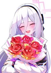  1girl :d black_hairband blue_archive blush bouquet closed_eyes commentary_request dai3 double-parted_bangs flower hair_between_eyes hairband half_updo halo happy highres holding holding_bouquet jacket kei_(blue_archive) kei_(student)_(blue_archive) long_hair_between_eyes loosely_tucked_bangs multicolored_jacket pink_halo rectangular_halo red_flower red_rose rose simple_background smile solo two-tone_jacket white_background yellow_flower yellow_rose 