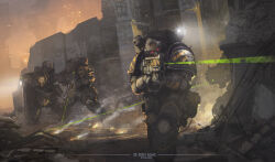  4boys adeptus_astartes aiming armor artist_name battle behind_cover bolter caution_stripes chaos_space_marine eddygonzlezdvila facing_viewer flashlight flashlight_beam glowing glowing_eyes grenade_launcher highres holding_bolter iron_warriors laser laser_pointer_projection laser_sight multiple_boys number_print pauldrons pink_eyes power_armor roman_numeral ruins science_fiction shoulder_armor smoke sparks spiked_armor spikes underbarrel_grenade_launcher warhammer_40k weapon 