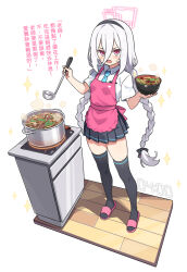  1girl adapted_costume alternate_hairstyle apron black_hairband black_skirt black_thighhighs blue_archive blue_necktie bowl braid chinese_commentary chinese_text commentary_request cooking cooking_pot double-parted_bangs full_body hair_between_eyes hairband halo hatsunatsu holding holding_bowl holding_ladle incoming_gift kei_(blue_archive) kei_(student)_(blue_archive) kitchen ladle light_blush long_hair long_hair_between_eyes looking_at_viewer loosely_tucked_bangs low_twin_braids necktie open_mouth partial_commentary peanut_mouth pink_apron pink_eyes pink_halo pink_sandals pleated_skirt rectangular_halo ringed_eyes sandals shirt skirt solo standing stove sweatdrop thigh-highs timestamp translation_request twin_braids very_long_hair white_hair white_shirt wooden_floor 