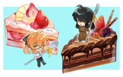  2boys ahoge black_hair black_pants blonde_hair blue_necktie brown_robe cake cake_slice chibi chibi_only chocolate_cake cream cross cross_necklace degrees_of_lewdity double-parted_bangs food food_focus fork fruit full_body glasses hair_between_eyes hair_over_one_eye hair_ribbon high_ponytail highres holding holding_fork holding_spoon icing jewelry leg_up long_hair long_sidelocks long_sleeves longyu mini_person miniboy multiple_boys necklace necktie one_eye_covered outside_border pants ponytail ribbon robe shirt sidelocks simple_background spoon standing standing_on_one_leg strawberry strawberry_shortcake sydney_(degrees_of_lewdity) sydney_(male)_(degrees_of_lewdity) white_shirt yellow_eyes 