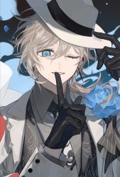  1boy bishounen black_gloves blonde_hair blue_background blue_eyes blue_flower blue_rose collared_shirt commentary crossed_bangs earrings finger_to_mouth flower gloves grey_shirt hair_between_eyes half_gloves hat highres index_finger_raised jacket jewelry kanae_(nijisanji) long_sleeves looking_at_viewer low_ponytail male_focus mole mole_under_eye necktie nijisanji nonoiaza one_eye_closed parted_lips petals ponytail rose shirt shushing smile solo untranslatable_commentary upper_body virtual_youtuber white_jacket 