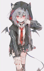  1girl absurdres artist_name bandaged_leg bandages black_choker black_jacket black_mask choker closed_mouth collared_shirt colored_inner_hair commentary_request cowboy_shot crossed_bangs dot_nose grey_hair hair_between_eyes hair_ornament highres hood hooded_jacket jacket leg_belt long_sleeves looking_at_viewer mahou_shoujo_no_majo_saiban mask mask_pull mirage_(rairudiseu) mouth_mask multicolored_hair nail_polish necktie o-ring o-ring_choker official_alternate_costume plaid_clothes plaid_skirt pleated_skirt red_eyes red_hair red_nails red_necktie shirt shito_alisa short_hair signature simple_background skirt solo white_background white_shirt x_hair_ornament 