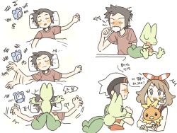  1boy 1girl 28_(eep228) afterimage alarm_clock beanie blush bow_hairband brendan_(pokemon) brown_hair brushing_teeth clock closed_eyes closed_mouth commentary_request grey_eyes hairband hat head_on_pillow highres holding holding_pokemon korean_commentary korean_text lying may_(pokemon) motion_lines multiple_views on_back pillow pokemon pokemon_(creature) pokemon_omega_ruby_and_alpha_sapphire red_hairband shirt short_hair short_sleeves speech_bubble sweatdrop t-shirt torchic translation_request treecko white_hat 
