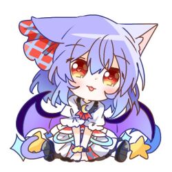  1girl animal_ears ascot bat_wings blue_hair blush cat_ears cat_girl cat_tail chibi chibi_only commentary hair_between_eyes hair_ribbon heart heart-shaped_pupils kemonomimi_mode looking_at_viewer purple_wings red_ascot red_eyes remilia_scarlet ribbon shirt sitting skirt solo star_(symbol) symbol-shaped_pupils tail tongue tongue_out touhou untranslatable_commentary wakana1327 white_shirt white_skirt wings 