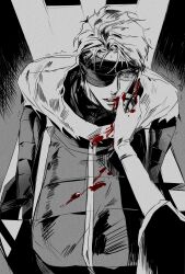  1boy aizen_sousuke bleach bleach:_sennen_kessen-hen blood blood_on_clothes blood_on_face bound bound_wrists chair commentary_request eyepatch gloves highres korean_commentary looking_at_viewer male_focus monochrome on_chair open_mouth pliers sitting solo solo_focus wiping_blood zen_ihae 