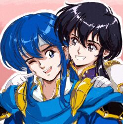  1boy 1girl absurdres armor behind_another black_hair blue_cape cape cheek_poking commission commissioner_upload couple earrings fire_emblem fire_emblem:_genealogy_of_the_holy_war galibra gloves hand_on_another's_shoulder headband hetero highres jewelry larcei_(fire_emblem) long_hair looking_at_another one_eye_closed open_mouth poking ponytail popped_collar seliph_(fire_emblem) short_hair shoulder_armor sidelocks simple_background smile tomboy tunic urushihara_satoshi_(style) white_headband 