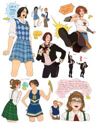  1boy 4girls ? absurdres arm_behind_head arrow_(symbol) beatrice_trudeau black_boots black_hair blue_shirt blue_skirt blue_sweater_vest boots brown_hair bullworth_academy_school_uniform bully_(game) canon_event checkered_clothes checkered_sweater_vest cheerleader collared_shirt comedic_sweatdrop commentary_request english_text flame_print glasses green-framed_eyewear green_skirt highres holding holding_paper holding_skateboard jimmy_hopkins kicking knee_boots korean_commentary lola_lombardi mandy_wiles midriff_peek minsuminx multiple_girls navel paper pinky_gauthier plaid_clothes plaid_skirt ponytail print_skirt school_uniform shaved_head shirt skateboard skirt sleeveless sleeveless_shirt sleeves_rolled_up speech_bubble suspender_skirt suspenders sweater_vest tank_top tantrum white_shirt white_tank_top zoe_taylor 