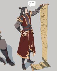  1boy annoyed avatar_aang:_the_last_airbender avatar_legends black_gauntlets black_hair boots brown_pants closed_mouth concept_art english_text fire_nation_outfit full_body gauntlets hair_bun hair_ornament hairclip hand_on_own_hip highres holding holding_paper holding_scroll ki_hyun_ryu list long_hair long_sleeves male_focus official_art pants paper red_skirt red_tunic scroll single_hair_bun skirt speech_bubble tunic yellow_gauntlets zuko 