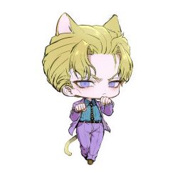  animal_ears belt blonde_hair blue_shirt cat_ears cat_tail chibi chibi_only commentary diamond_wa_kudakenai highres jojo_no_kimyou_na_bouken kira_yoshikage looking_at_viewer male_focus necktie pants paw_pose purple_pants purple_shirt rheprtn2wjd shirt shoes solo solo_focus suit tail untranslatable_commentary violet_eyes white_background 