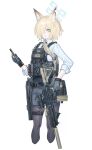  1girl absurdres animal_ears aqua_eyes assault_rifle belt_pouch black_gloves black_pantyhose black_skirt blonde_hair blue_archive blue_halo bulletproof_vest collared_shirt dog_ears dog_girl echj gloves gun h&amp;k_hk416 hair_over_one_eye halo highres holding holding_phone holding_weapon kanna_(blue_archive) kanna_(young)_(blue_archive) long_sleeves looking_at_viewer miniskirt pants pantyhose parted_lips phone plate_carrier police police_uniform policewoman pouch rifle shirt short_hair shotgun skirt solo tactical_clothes thigh_strap uniform weapon weapon_request white_shirt 