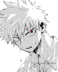  1boy adam's_apple bakugou_katsuki boku_no_hero_academia collared_shirt commentary dkyoudai dripping eyes_visible_through_hair from_side greyscale hair_between_eyes hatching_(texture) horikoshi_kouhei_(style) linear_hatching looking_at_viewer looking_to_the_side male_focus monochrome official_style open_collar open_mouth portrait red_eyes sanpaku shirt short_hair sideways_glance simple_background solo spiky_hair spot_color teeth tsurime twitter_username upper_teeth_only water_drop wet wet_clothes wet_face wet_shirt white_background wing_collar 