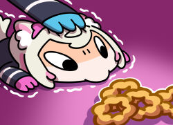  2girls animal_ears blonde_hair commentary dog_ears dog_tail doughnut food fuwawa_abyssgard highres hololive hololive_english keenbiscuit lying medium_hair mococo_abyssgard mococo_abyssgard_(1st_costume) multicolored_hair multiple_girls on_stomach pink_hair pon_de_ring restrained siblings sisters streaked_hair tail trembling twins upper_body virtual_youtuber 