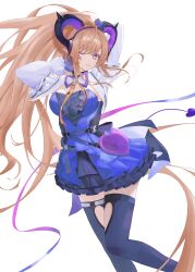  1girl absurdres arknights arknights:_endfield arm_up blue_bow blue_dress blue_theme bow bowtie breasts brown_hair closed_mouth commentary dress earrings hair_bow highres horns jewelry large_breasts liino_(arknights) long_hair long_sleeves looking_at_viewer one_eye_closed pointy_ears ponytail purple_bow purple_bowtie purple_tail shrug_(clothing) simple_background solo tail takiren very_long_hair violet_eyes white_background white_shrug 