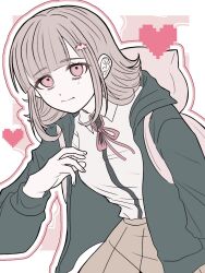  1girl amanayu_titi5 animal_bag bag breasts brown_hair brown_skirt cat_bag collared_shirt commentary danganronpa_(series) danganronpa_2:_goodbye_despair flipped_hair hair_ornament highres hood jacket long_sleeves looking_at_viewer medium_hair nanami_chiaki neck_ribbon open_clothes open_jacket pink_bag pink_eyes pink_ribbon pleated_skirt ribbon shirt skirt smile two-tone_shirt untranslatable_commentary white_shirt 