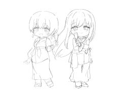  2girls :d ame. champagne_flute character_request chibi closed_mouth commentary_request cup drinking_glass floating_hair greyscale high_heels holding holding_cup jacket kamiina_botan_yoeru_sugata_wa_yuri_no_hana long_hair long_sleeves monochrome multiple_girls shoes simple_background sketch skirt smile standing very_long_hair white_background 