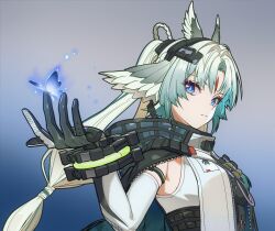  1girl animal_ears arcane_(arknights) arknights arknights:_endfield baesong belt bird_ears bird_girl blue_butterfly blue_eyes braid breasts bug butterfly butterfly_on_hand cape commentary_request curtained_hair elbow_gloves facial_mark forehead_mark from_side gloves gradient_background gradient_hair grey_hair half_up_braid hand_up head_wings headgear high-waist_belt hood hood_down hooded_cape korean_commentary long_hair looking_to_the_side medium_breasts multicolored_gloves multicolored_hair parted_bangs ponytail simple_background solo two-tone_gloves underbust upper_body very_long_hair wings 