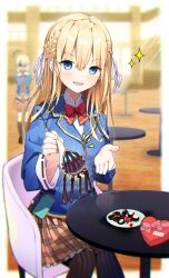  2girls :d absurdres blonde_hair blue_eyes blue_jacket blurry blurry_background blush bow bowtie box braid cafeteria candy chair chocolate commentary feeding feeding_viewer food hair_ornament hair_ribbon half_up_braid heart heart-shaped_box heart-shaped_chocolate heart-shaped_food heaven_burns_red highres holding holding_spoon indoors jacket kayamori_ruka long_hair multiple_girls nattou notice_lines open_mouth plaid_clothes plaid_skirt pov red_bow red_bowtie reflection ribbon rinki_oohen scared school_uniform shirt sitting skirt smile smirk solo_focus soy_sauce sparkle spoon striped_clothes striped_thighhighs thigh-highs tojo_tsukasa v-shaped_eyebrows valentine vertical-striped_clothes vertical-striped_thighhighs white_ribbon white_shirt 