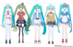  39tuary_(vocaloid) 5girls ahoge apron aqua_eyes aqua_hair armband artist_name ascot backpack bag belt black_bow black_bowtie black_choker black_garter_straps black_hat black_pantyhose black_shoes black_shorts black_skirt blazer blue_eyes blue_jacket blue_skirt blue_visor_cap bow bowtie bright_pupils brown_jacket brown_shoes buttons camera camera_around_neck chef chef_hat choker circus_panic!!!_(vocaloid) coat collared_shirt commentary_request diagonal-striped_bow digital_camera double-breasted double-parted_bangs garter_straps green_armband green_hair grey_shorts hair_between_eyes hair_ribbon hat hatsune_miku heterochromia hood hooded_jacket jacket lineup loafers long_hair long_sleeves loose_socks mesmerizer_(vocaloid) mini_hat mini_top_hat multiple_girls obsolete_meat_(vocaloid) pantyhose parted_bangs petticoat pleated_skirt red_ascot red_belt red_bow red_bowtie red_eyes red_jacket red_shoes reference_sheet ribbon roller_skates sailor_collar school_uniform shirt shoelaces shoes short_sleeves shorts showgirl_skirt single_garter_strap skates skirt sneakers socks songover striped_bow striped_clothes striped_shirt striped_skirt sweater thigh-highs tokubetsu_kyuusai_iinkai_(vocaloid) top_hat tsukumonomo twitter_username two-tone_bow vertical-striped_clothes vertical-striped_shirt vertical-striped_skirt very_long_hair visor_cap vocaloid waist_apron white_bow white_coat white_pupils white_ribbon white_shirt white_socks white_sweater white_thighhighs zettai_ryouiki 