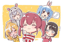  >_< 5girls :3 :o a-ka alternate_costume animal_ears arms_up ball_hands blonde_hair blue_hair blush_stickers border braid brown_hair chibi chibi_only closed_eyes commentary_request dark-skinned_female dark_elf dark_skin dot_nose double-parted_bangs elf flying_sweatdrops fur_scarf grey_hair hamster_costume hamster_hood hand_on_own_face hands_on_own_face high_ponytail hikimayu hololive hololive_fantasy houshou_marine leaning_to_the_side long_sleeves looking_ahead looking_at_viewer medium_hair mii_(nintendo) multicolored_hair multiple_girls no_fingers oozora_subaru orange_eyes outline patterned_background pointy_ears ponytail rabbit_ears rabbit_girl raised_inner_eyebrows red_hair red_shirt round_border shiranui_flare shirogane_noel shirt short_hair sidelocks signature speech_bubble streaked_hair striped_clothes striped_shirt surprised teeth thick_eyebrows thinking thought_bubble tomodachi_life tomodachi_life:_living_the_dream twin_braids twintails two-tone_shirt upper_body upper_teeth_only usada_pekora v-shaped_eyebrows virtual_youtuber wavy_hair white_border white_outline white_streaks yellow_background yellow_shirt 