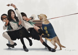  3girls animal bench commentary_request dog food highres holding holding_food holding_ice_cream ice_cream ice_cream_cone long_hair long_sleeves multiple_girls neckerchief nervous_smile original pleated_skirt sailor_collar school_uniform serafuku shirt short_hair simple_background skirt smile white_background white_shirt xiaobanbei_milk 