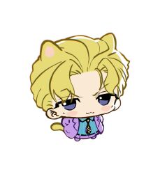  1boy animal_ears blonde_hair cat_ears cat_tail chibi chibi_only commentary_request jojo_no_kimyou_na_bouken kira_yoshikage korean_commentary looking_at_viewer male_focus necktie pants purple_pants purple_shirt rheprtn2wjd shirt simple_background solo solo_focus suit tail violet_eyes white_background 