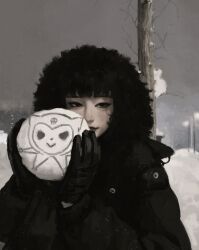  1girl absurdres afro bare_tree black_coat black_eyes black_gloves black_hair casato coat curly_hair down_jacket ellie_(casato) gloves highres jacket kuromi light_smile narrowed_eyes original sanrio snow snowball tree winter 