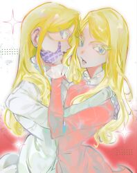  blonde_hair blue_eyes coat colored_eyelashes commentary commentary_request curly_hair dress dual_persona earrings funny_valentine gloves hand_on_another's_face highres jewelry jojo_no_kimyou_na_bouken long_hair long_sleeves looking_at_viewer open_mouth pink_coat purple_gloves riribzflli sparkle steel_ball_run white_background white_coat 