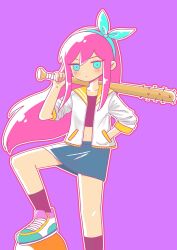  1girl aubrey_(faraway)_(omori) aubrey_(omori) baseball_bat black_socks blue_eyes blue_hairband blush closed_mouth crop_top denim denim_skirt double-parted_bangs hair_between_eyes hairband highres holding holding_baseball_bat jacket long_sidelocks looking_at_viewer nail_(hardware) nail_bat nana_(papapaimon) navel omori outline pink_hair purple_background red_outline shoes short-sleeved_jacket short_sleeves sidelocks simple_background skirt sneakers socks solo white_jacket white_outline 