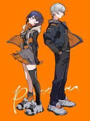  1boy 1girl asymmetrical_legwear belle_(zenless_zone_zero) black_pants black_shirt black_sweater black_thighhighs blue_eyes blue_hair breasts brother_and_sister closed_mouth commentary from_side gohan_(gohanchang) grey_hair grey_shoes hair_ornament hand_in_pocket highres jacket long_sleeves looking_at_viewer medium_breasts open_clothes open_jacket pants profile shirt shoes siblings simple_background single_sock single_thighhigh skirt sneakers socks standing sweater thigh-highs turtleneck turtleneck_sweater wise_(zenless_zone_zero) zenless_zone_zero 