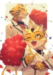  2boys black_bow black_bowtie border bouquet bow bowtie brown_fur falling_petals flower furry furry_male green_eyes holding holding_bouquet looking_at_viewer multicolored_fur multiple_boys one_eye_closed open_mouth ose_(housamo) panther_boy panther_ears petals red_flower red_rose red_shirt rose shirt smile suit tokyo_afterschool_summoners upper_body whiskers white_border white_suit yellow_fur young_ose_(housamo) yow 