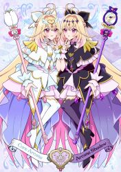  1girl antenna_hair black_bow black_capelet black_dress blonde_hair bow brooch capelet commentary_request cure_arcana cure_arcana_shadow diamond_hairband dress dual_persona frilled_capelet frilled_cuffs frills gradient_hair hair_intakes heart heart_brooch holding holding_staff jewelry long_hair looking_at_viewer magical_girl meitantei_precure! moria_luluka multicolored_hair multiple_forms neko_hunsou open_mouth precure purple_veil purple_wrist_cuffs shine_arcana_rod smile staff tear_arcana_rod veil very_long_hair violet_eyes white_capelet white_dress white_veil white_wrist_cuffs winged_heart wrist_cuffs 