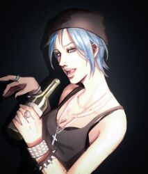  1girl alcohol beanie black_bra black_eyeshadow black_tank_top blue_hair bottle bra bracelet chloe_price commentary cross cross_necklace ear_piercing eyebrow_piercing eyeshadow face_piercing hat holding holding_bottle jewelry life_is_strange_(series) life_is_strange_1 lip_piercing lip_ring makeup necklace nose_piercing piercing ring solo solo_focus spiked_wristband studded_bracelet studs tank_top tokutoknyamnyam underwear 