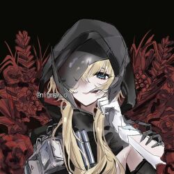  1girl black_background blonde_hair blue_eyes broken_mask goddess_of_victory:_nikke grave_(nikke) highres hood long_hair looking_at_viewer mask nigmgm_o pink_lips solo twitter_username upper_body 