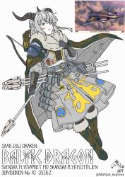  1girl aircraft airplane belt blackd09 blush boots bow braid camouflage cape coat_of_arms fighter_jet fingerless_gloves fur-trimmed_boots fur_collar fur_trim gloves green_eyes grey_belt grey_hair grey_skirt highres hood horns long_sleeves medium_hair military_vehicle original personification saab_draken skirt swedish_air_force tre_kronor vehicle_and_personification 