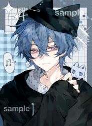  1boy absurdres animal_ears bishounen blue_hair cat cat_ears closed_mouth commentary eighth_note hair_between_eyes hat highres hood hoodie long_sleeves looking_at_viewer male_focus musical_note original short_hair sleeves_past_wrists smile solo spoken_musical_note untranslatable_commentary upper_body violet_eyes zhi_bai 