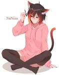  1girl absurdres ahoge animal_ears black_sclera brown_hair brown_thighhighs cat_ears closed_mouth colored_sclera heterochromia highres holding holding_pen hood hoodie multicolored_hair multicolored_tail nz_nezz orange_hair original pen pink_hoodie red_eyes redhead short_hair solo tail thigh-highs white_background 