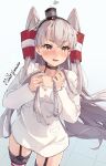  1girl amatsukaze_(kancolle) artist_name blush collarbone commentary_request cowboy_shot dress fang grey_hair hair_tubes highres himeyamato kantai_collection long_hair long_sleeves open_mouth revision signature solo two_side_up white_dress yellow_eyes 